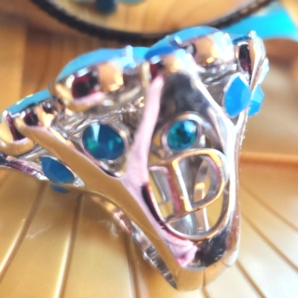 DIOR GLAM Turquoise Blues Silver MEGA Sparkly Rhinestones Gaudy Cocktail RING 2" - Picture 15 of 16